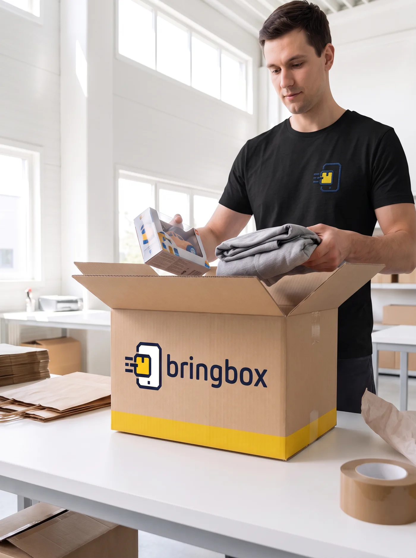 Items being packed by hand into a Bringbox